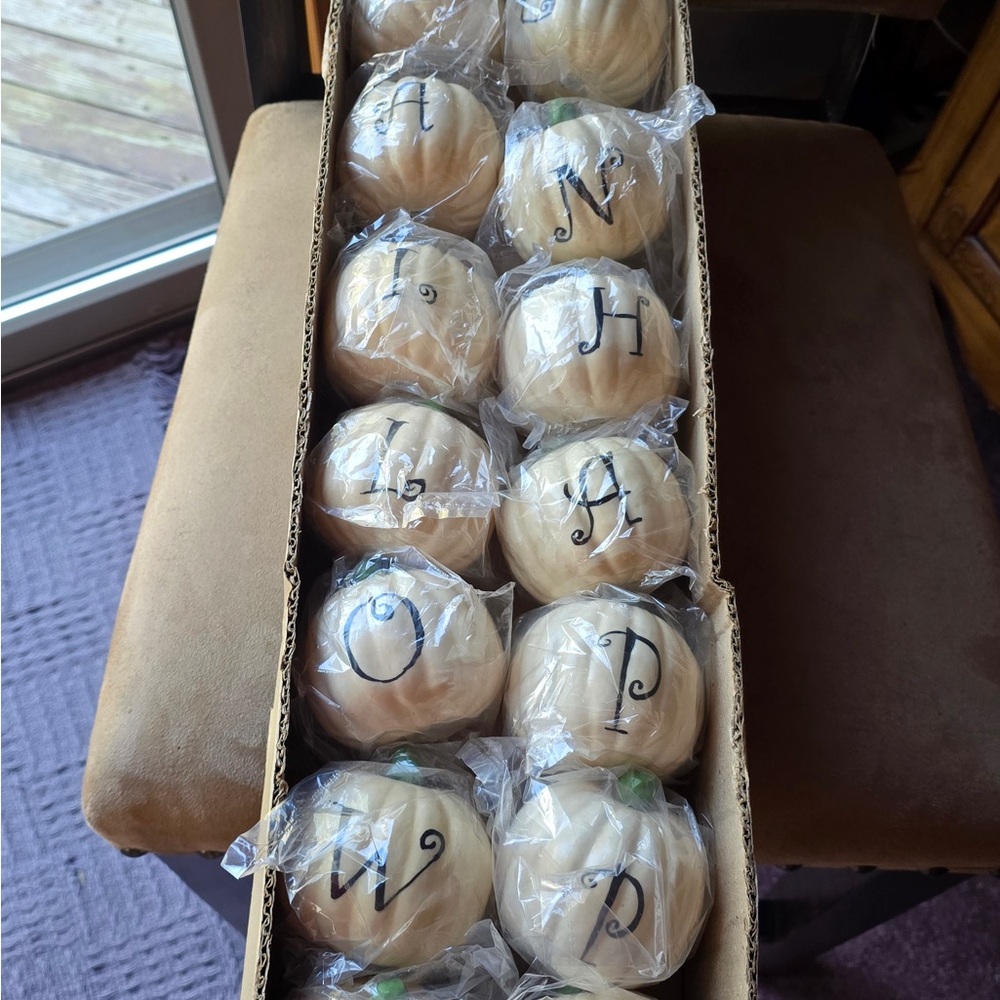 Source Unknown Cream Monogram Pumpkin Ornaments, Black Lettering